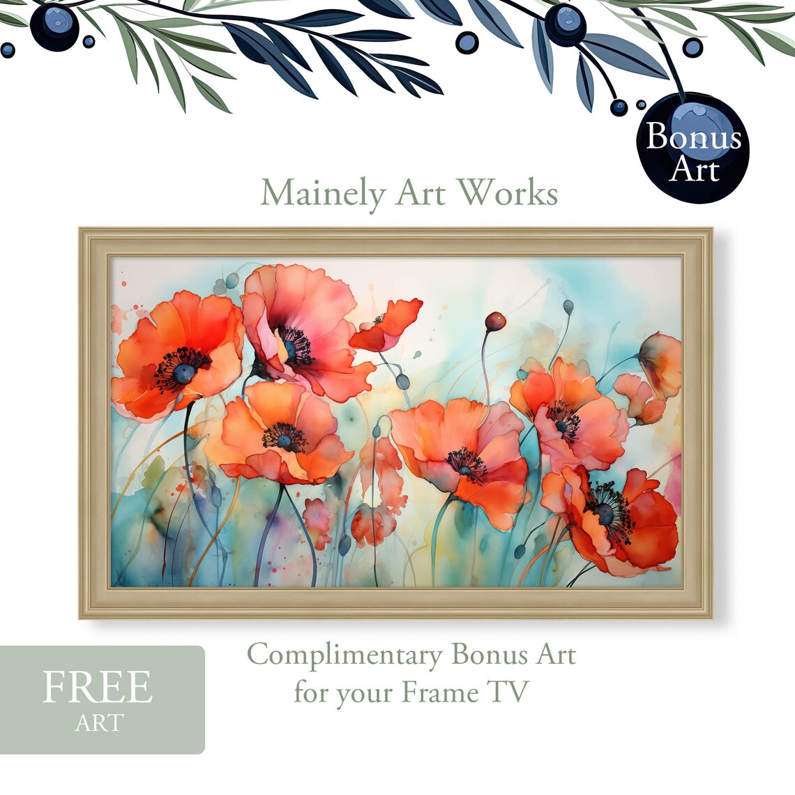 California Poppy Meadow Coral Orange Wildflower Watercolor Poster - Image 2