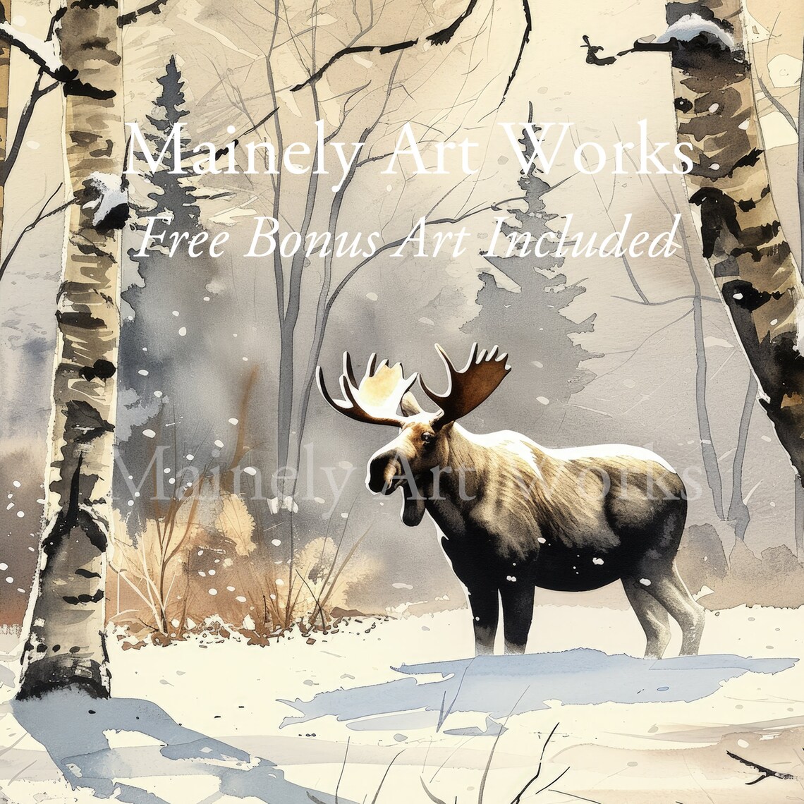 Bull Moose Walking Through Snowy Birch Forest Winter Watercolor Wall Art Print - Image 2