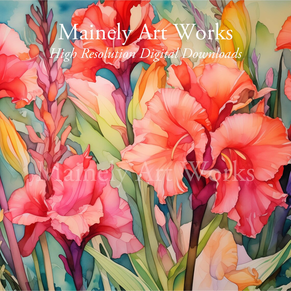 Coral Gladiolus Bloom Vibrant Floral Watercolor Summer Poster - Image 3
