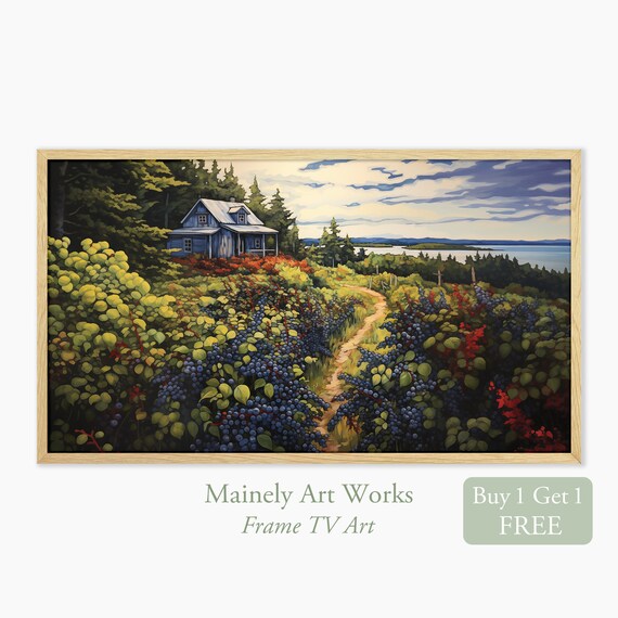 Blueberry Path To Coastal Cottage Summer Lakeside Landscape Wall Art Print