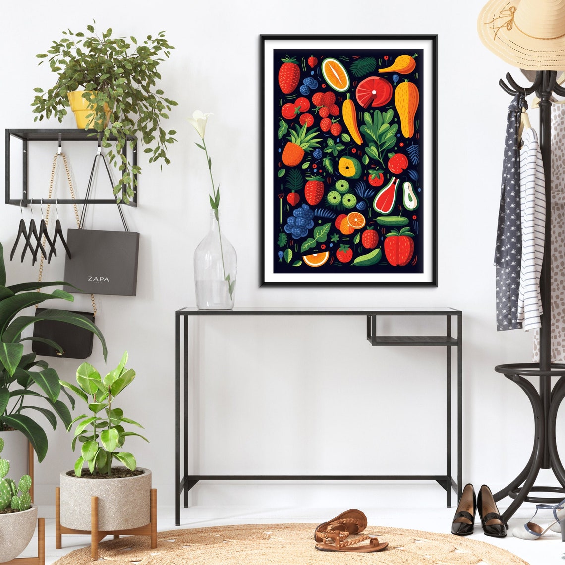 Colorful Fruits Vegetables Dark Background Kitchen Illustration Poster - Image 2