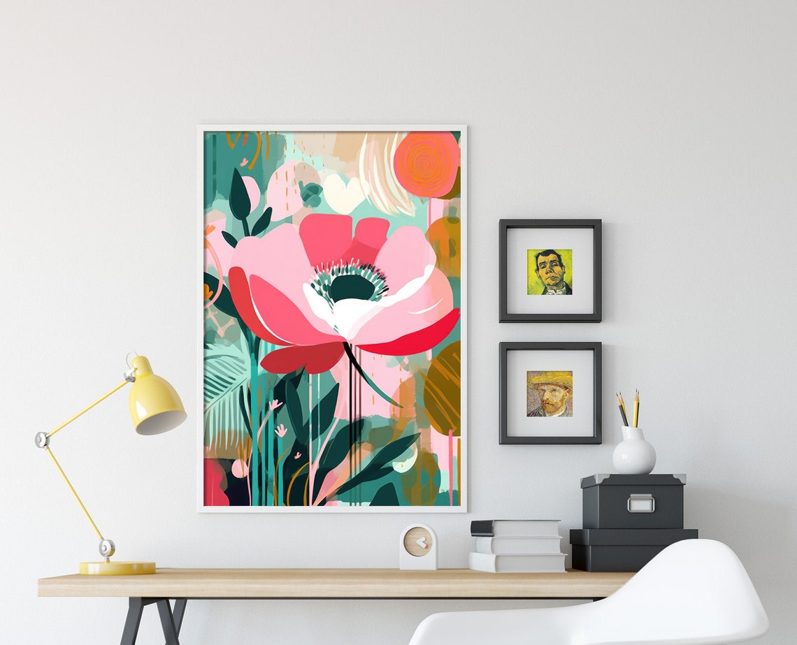 Abstract Pink Poppy Flower Teal Leaves Modern Botanical Art Print - Image 4