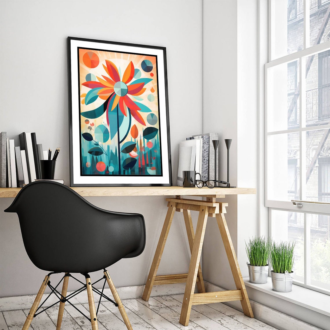 Mid Century Modern Geometric Flower Orange Teal Retro Botanical Print - Image 3