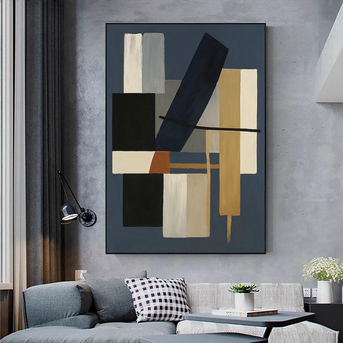 Blue Geometric Abstract Painting, Minimalist Shapes - Image 2