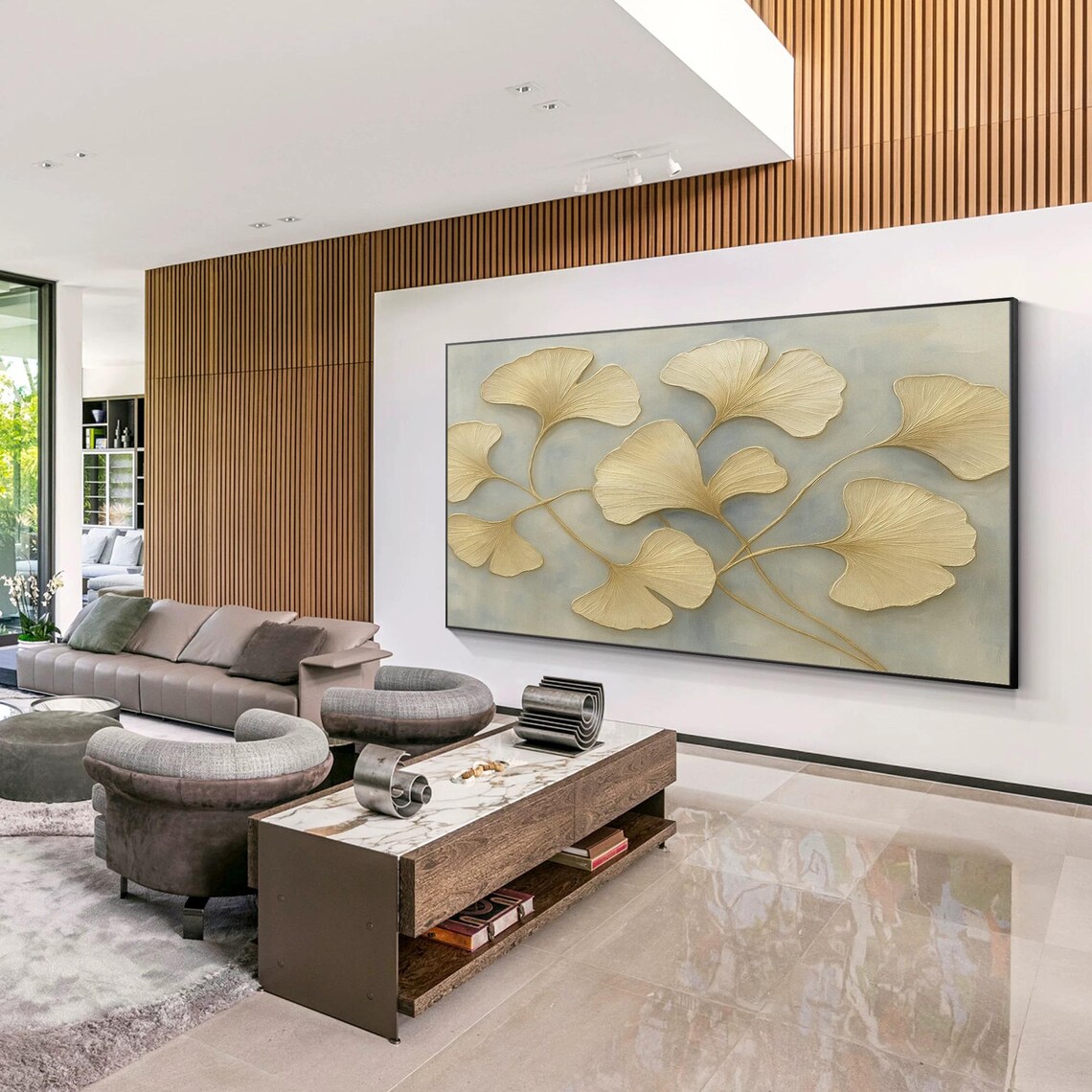 Ginkgo Leaf Art Print, Textured Gold Abstract Painting - Image 2
