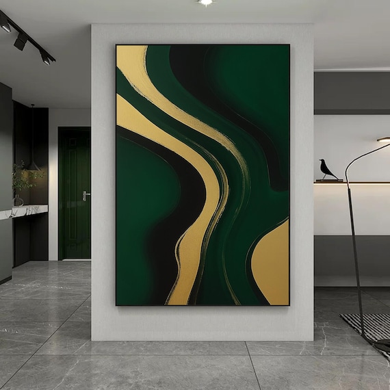 Original Abstract Green Gold Textured Painting