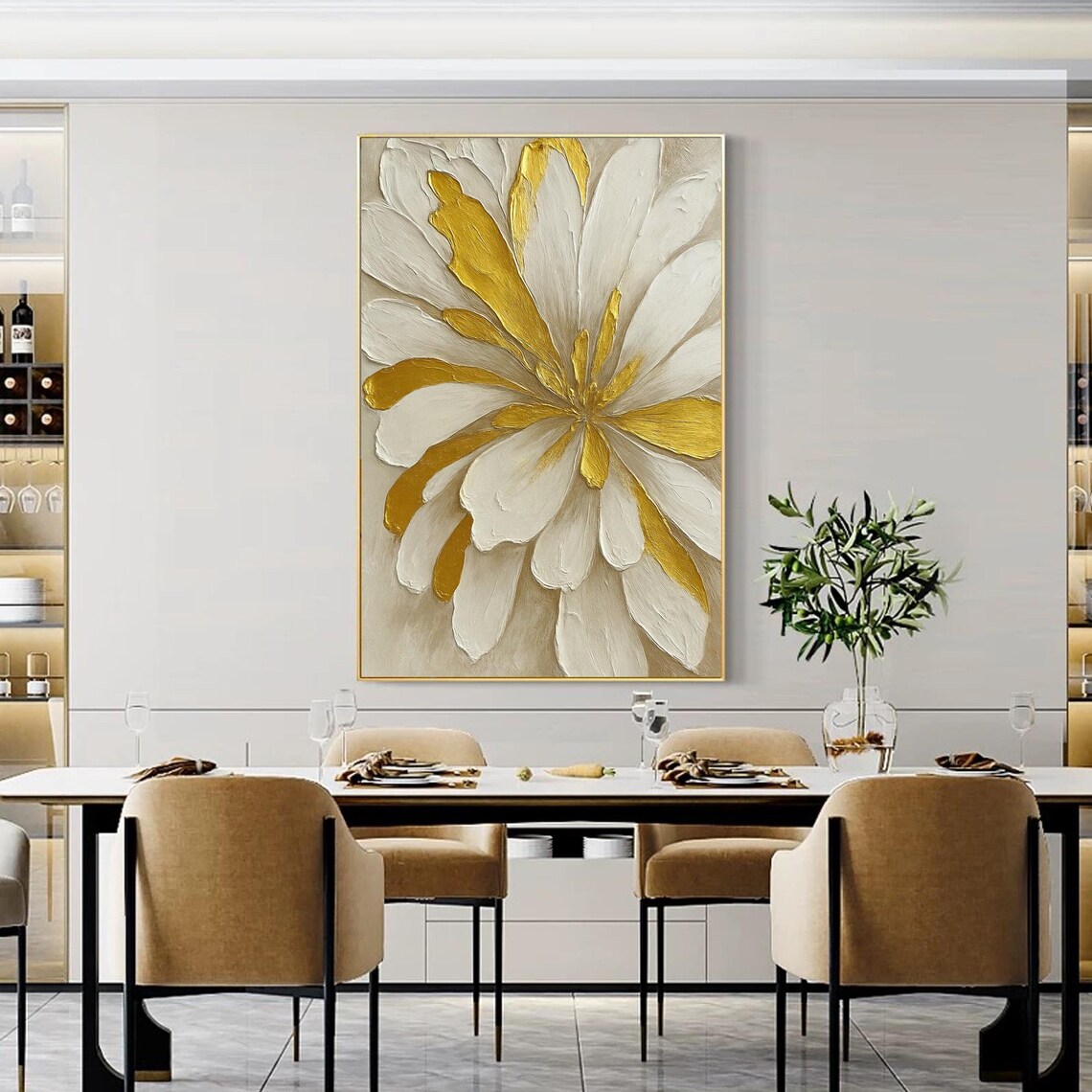 Gold White Floral Painting, Modern Neutral Decor - Image 4