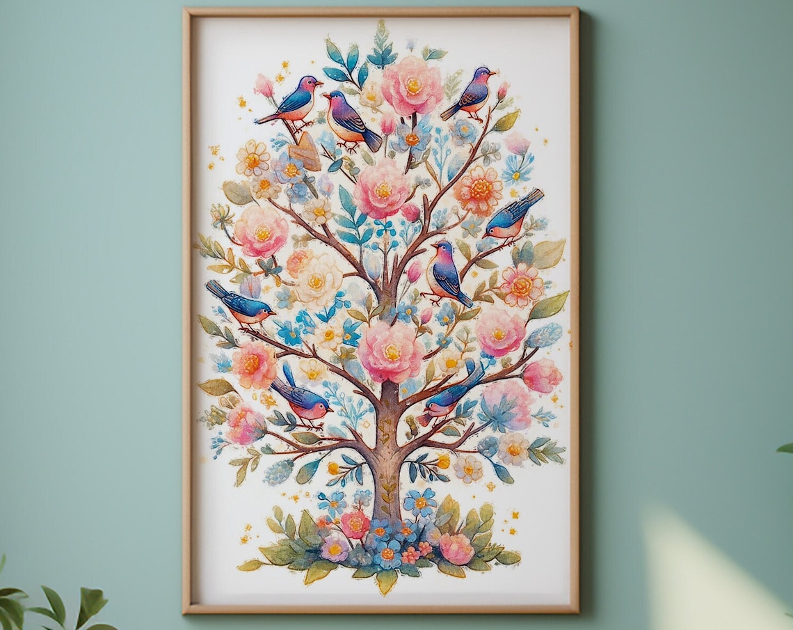 Blossoming Tree of Life Bluebirds Floral Watercolor Art Print