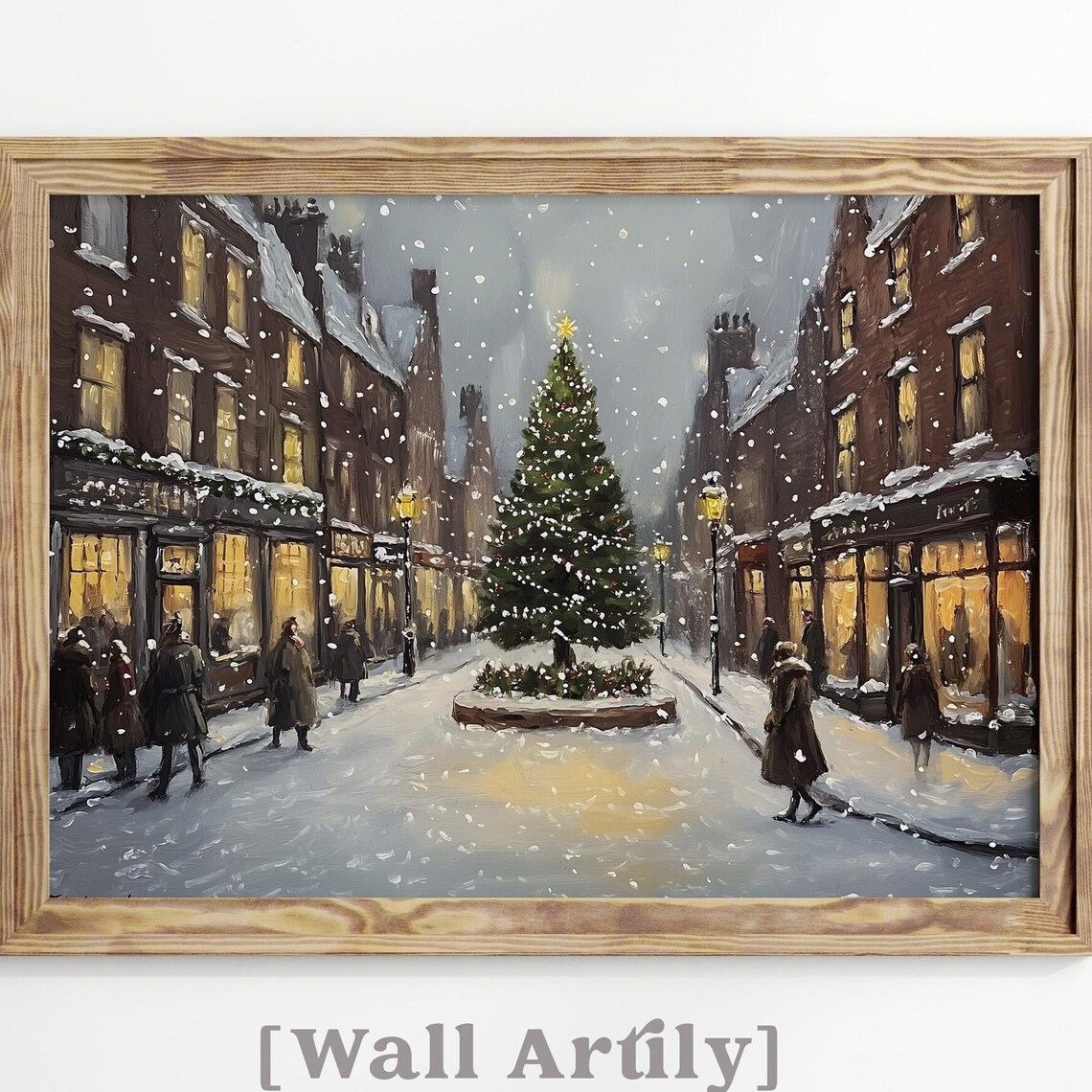 Snowy Old Town Street Christmas Tree Night Lamp Vintage Art Poster