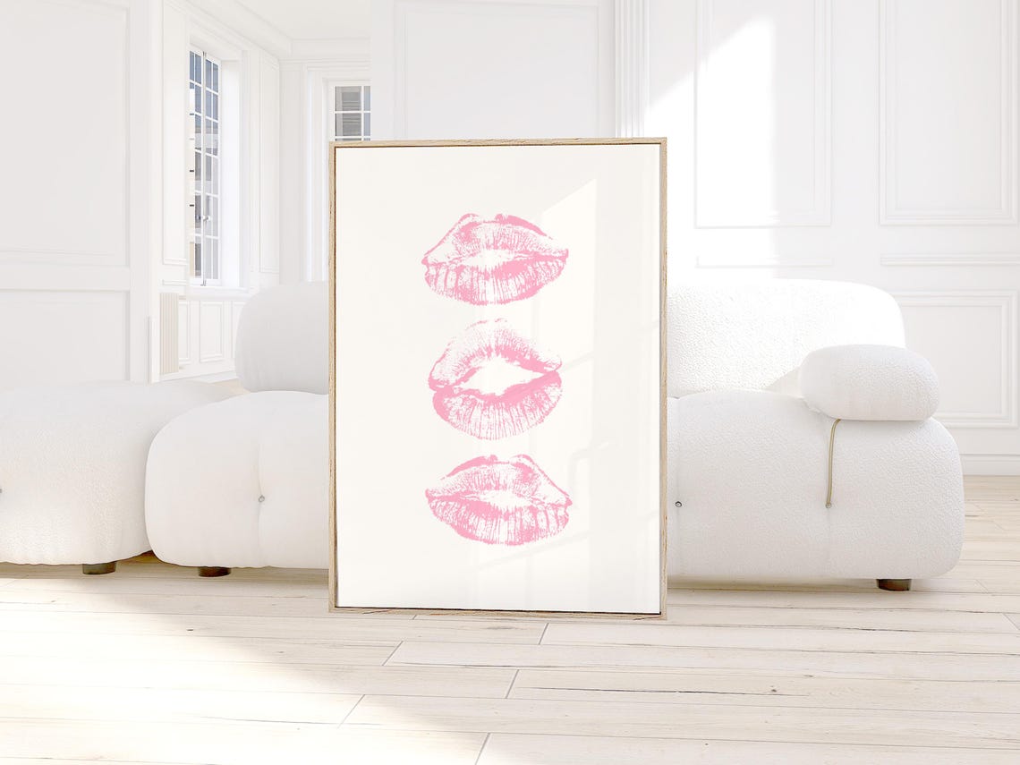 Blush Pink Kiss Lips Marks Girly Retro Preppy Dorm Room Wall Art