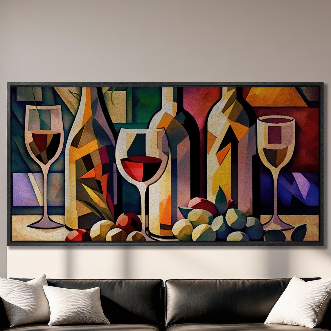 Cubist Wine Bottles and Glasses Geometric Still Life Oil Art Poster