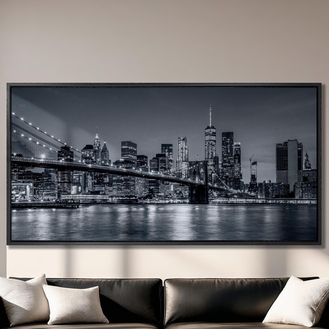 New York City Skyline And Brooklyn Bridge Black And White Night Poster
