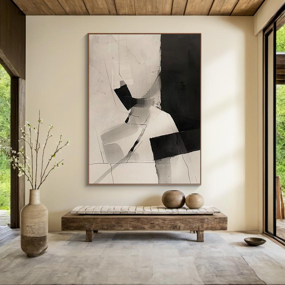 Beige Abstract Oil Painting Decorative Painting Beige Simple Wabi Sabi Wall Painting Black Abstract Art Modern Home Decor Handmade Gift