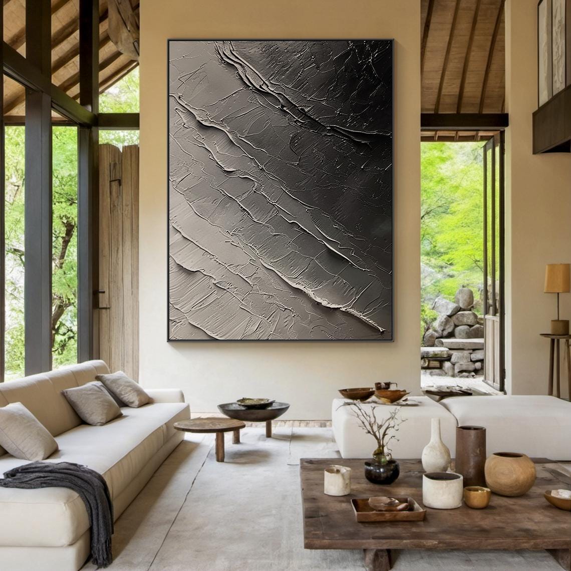 Grey Monochrome Diagonal Ridge Texture Abstract Moody Minimal Wall Art - Image 5