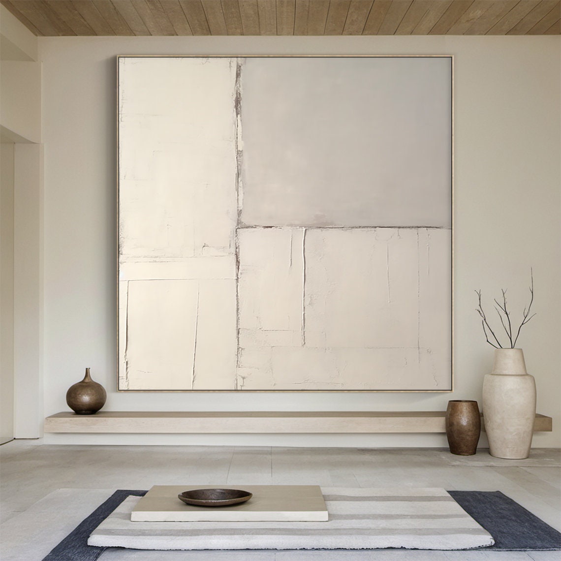 Warm Beige Minimalist Plaster Abstract Subtle Grid Lines Calm Wall Art - Image 4