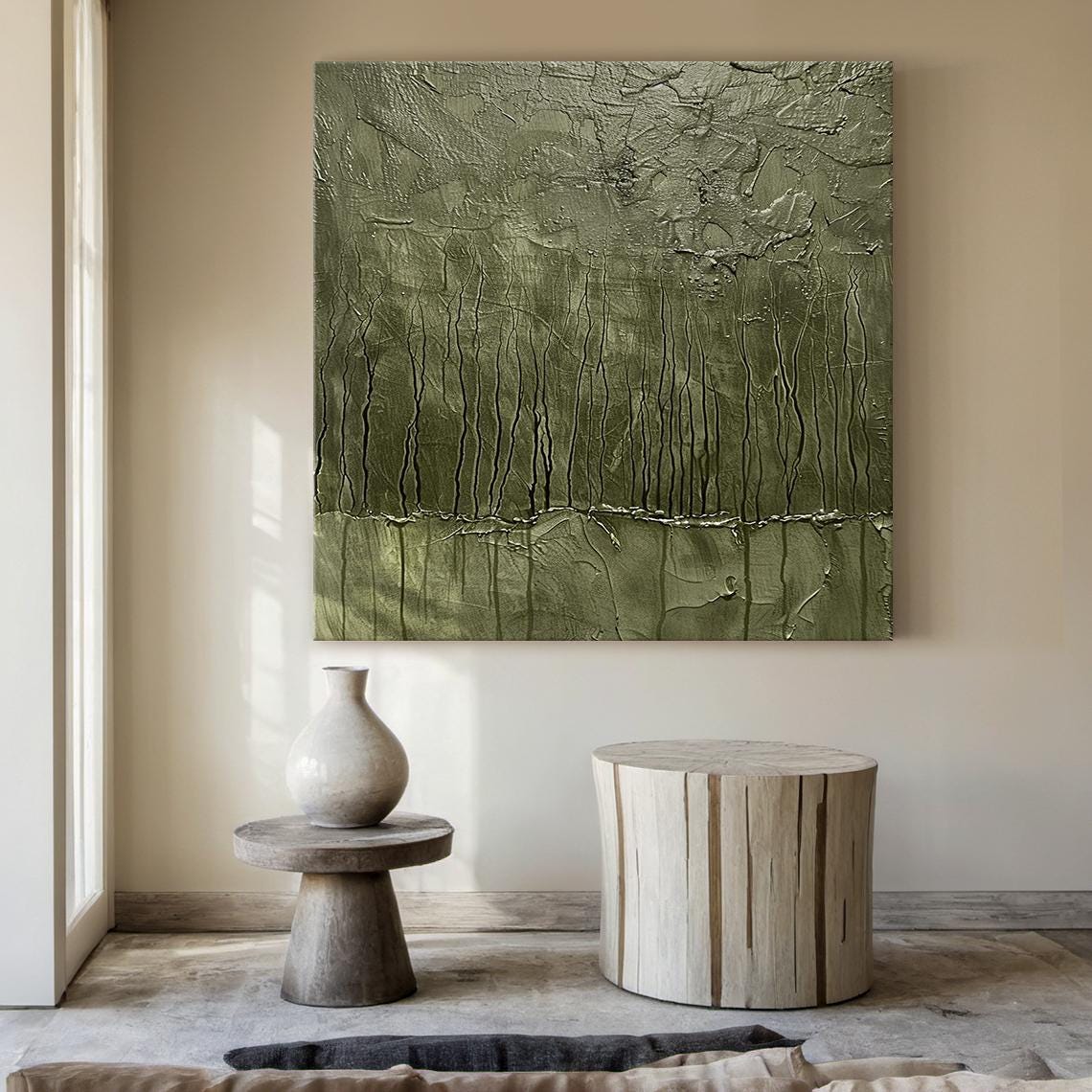 Olive Green Drip Texture Forest Rain Abstract Vertical Wall Art - Image 5