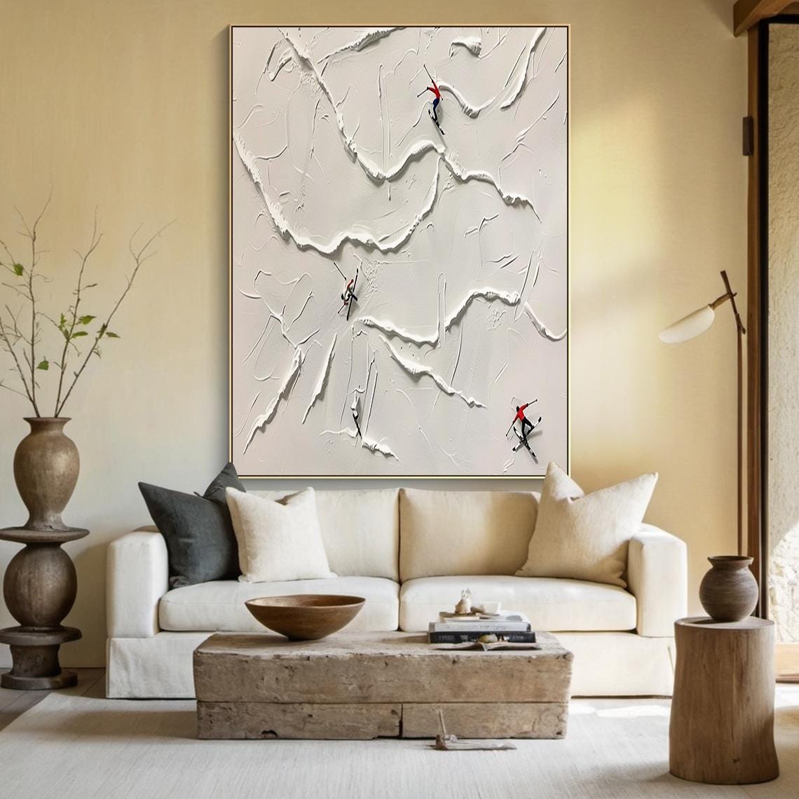 Large Beige Ski Oil Painting Decorative Painting Original Skier Handmade Gift Beige Abstract Ski Art Modern Living Room Decoration - Image 2