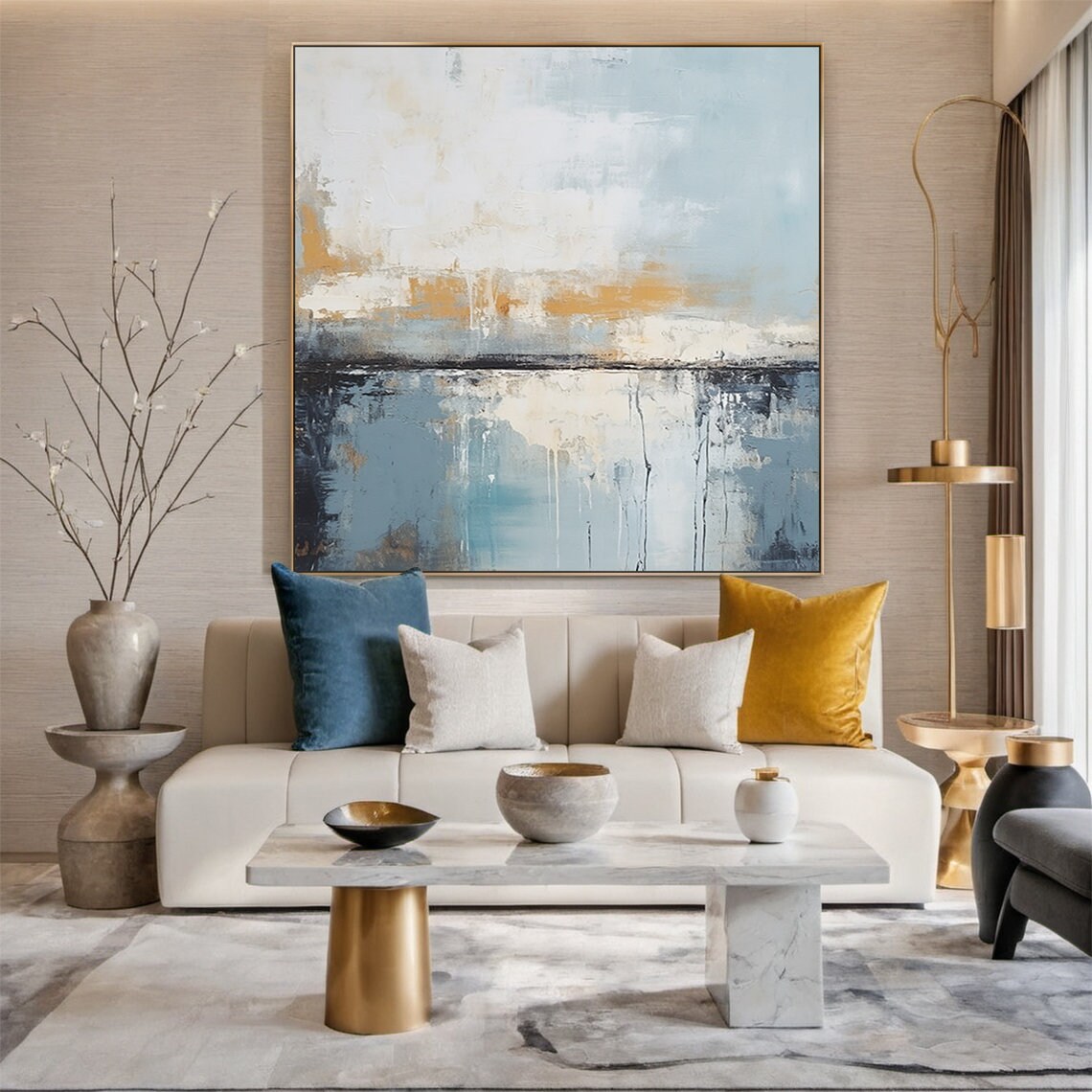 Blue Grey White Abstract Gold Band Textured Sea Sky Painting Wall Art - Image 2