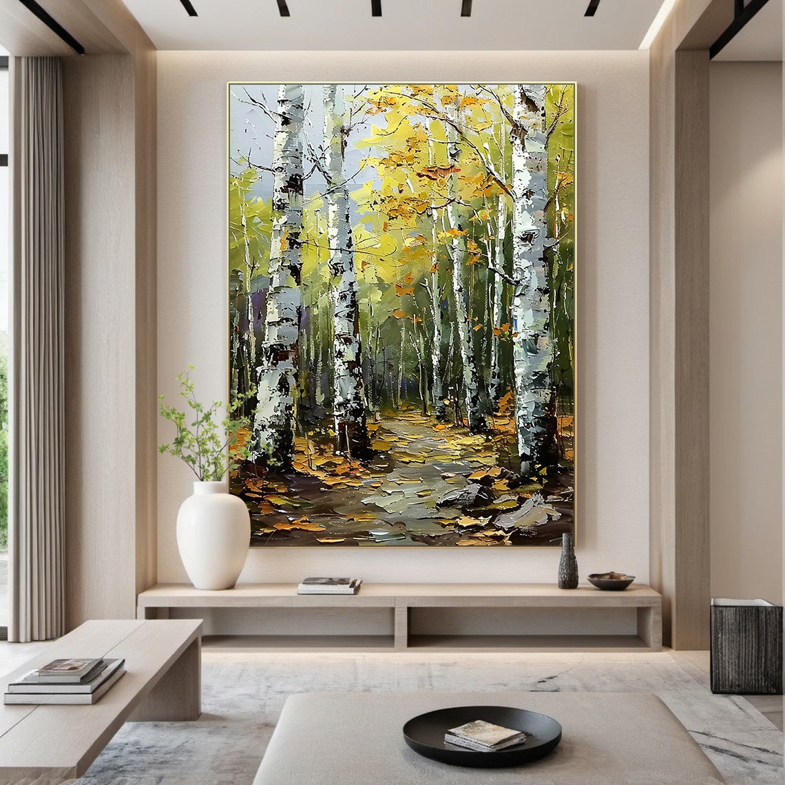 Yellow Green Birch Forest Fall Foliage Impasto Oil Painting Poster - Image 3