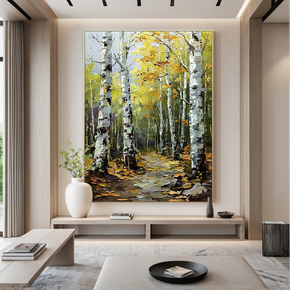 Yellow Green Birch Tree Abstract Painting On Modern Natural Living Room Decoration Woods Deciduous Landscape Handmade Painting - Image 3