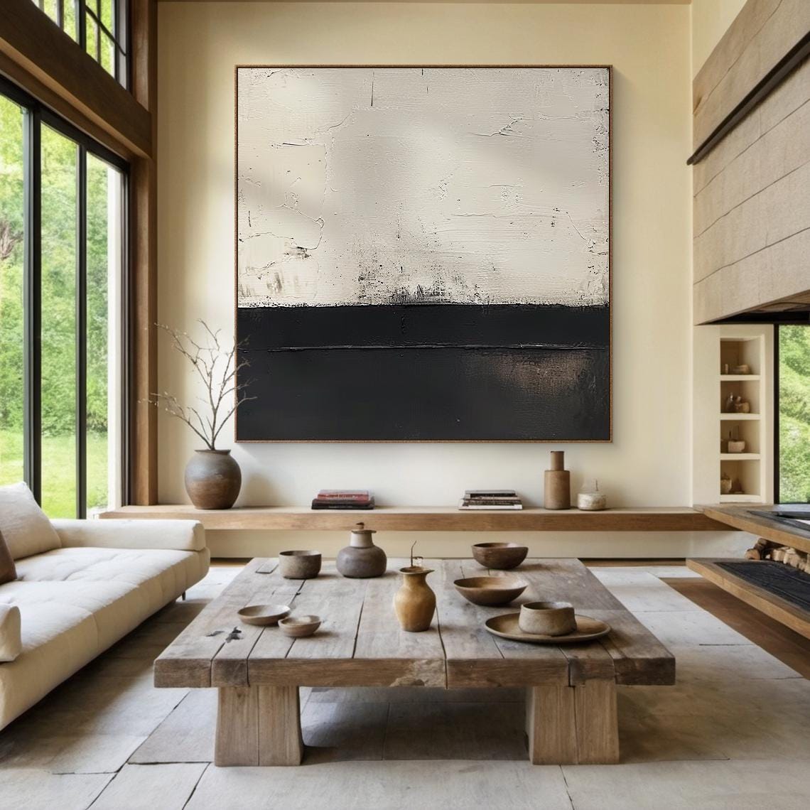 Black White Abstract Landscape Painting Textured Split Modern Wall Art - Image 2