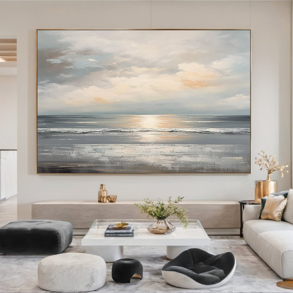 Ocean Wave Seaside Sunset Oil Painting Art Print, Modern