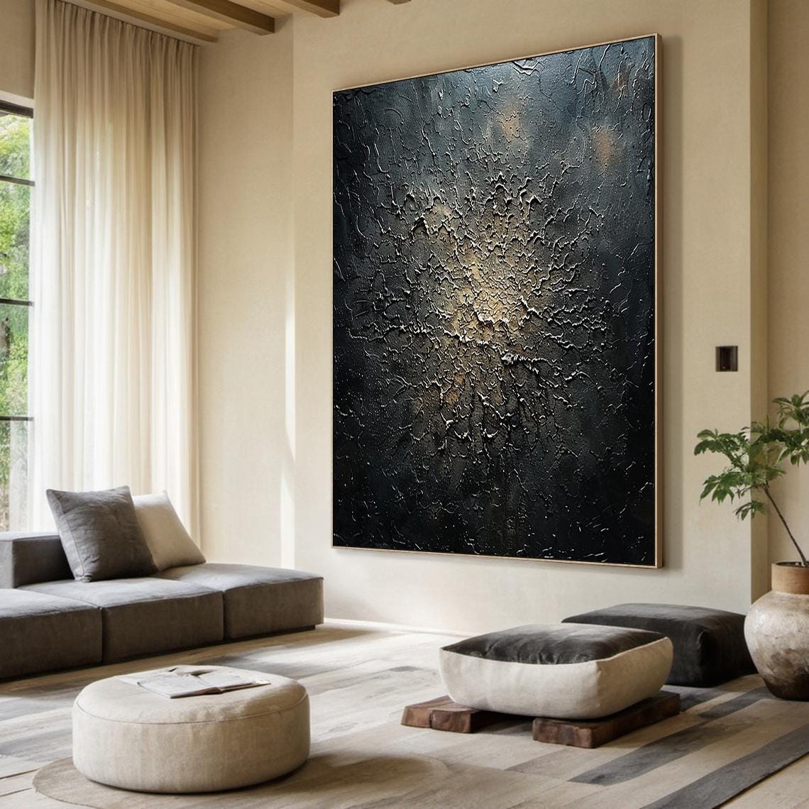 Black Gold Shimmer Abstract Texture Oil Painting Square Dark Poster - Image 3
