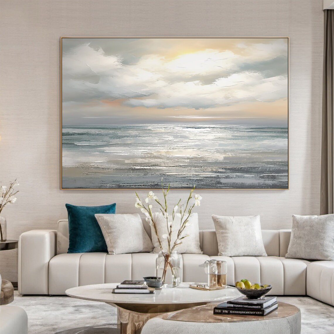 Golden Clouds Grey Teal Ocean Sunset Seascape Abstract Painting Poster - Image 5
