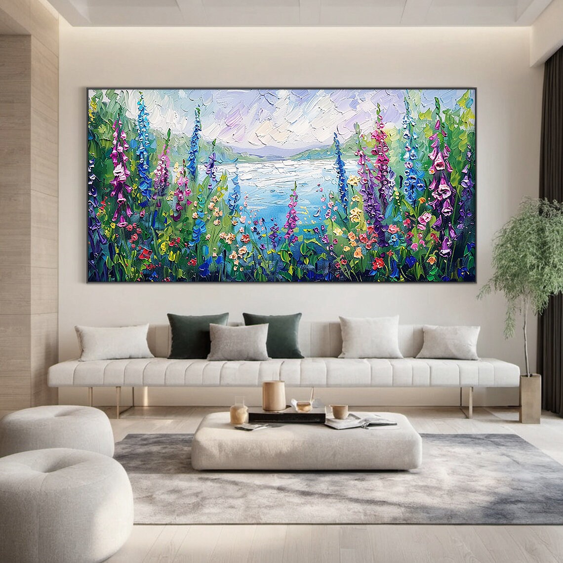 Purple Wildflower Meadow By The Lake Impasto Floral Art Poster - Image 3