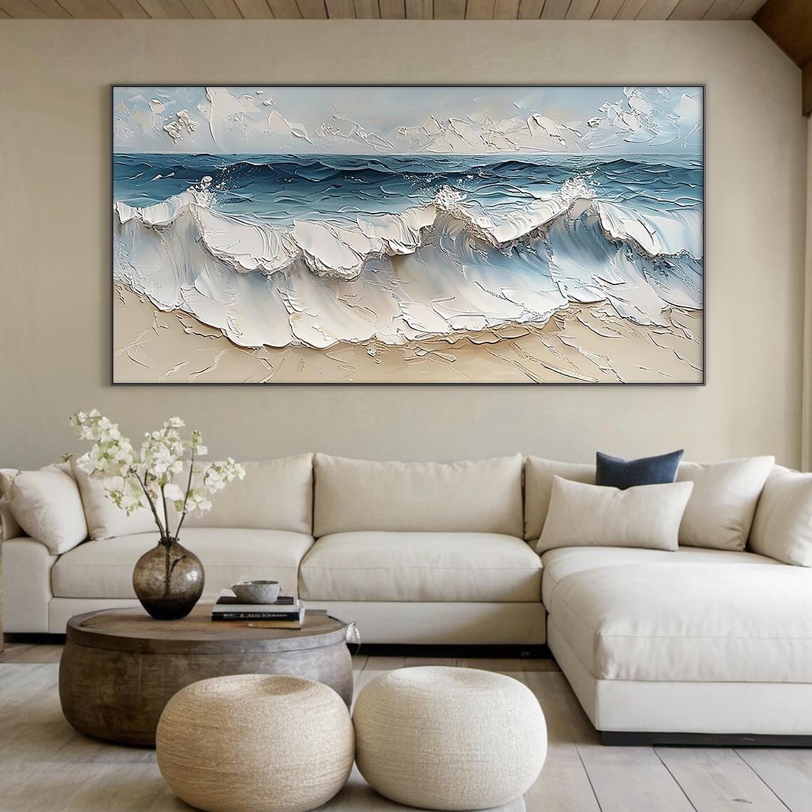 White Blue Sea Foam Wave Rolling Sandy Beach Textured Art Poster