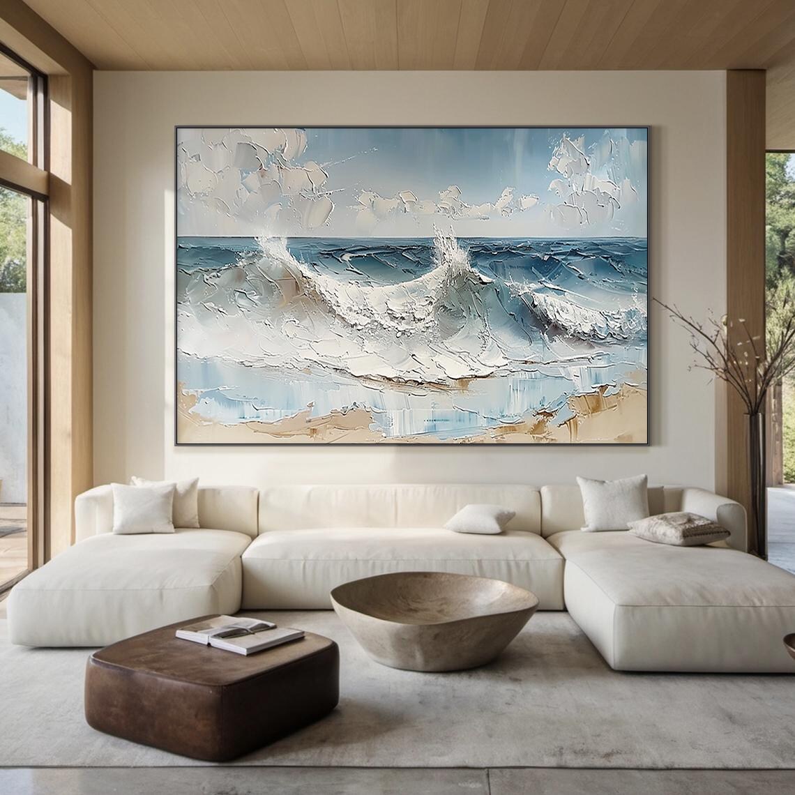 Blue Sea Wave Crash Textured Painting Beach Foam Wall Art Poster - Image 3