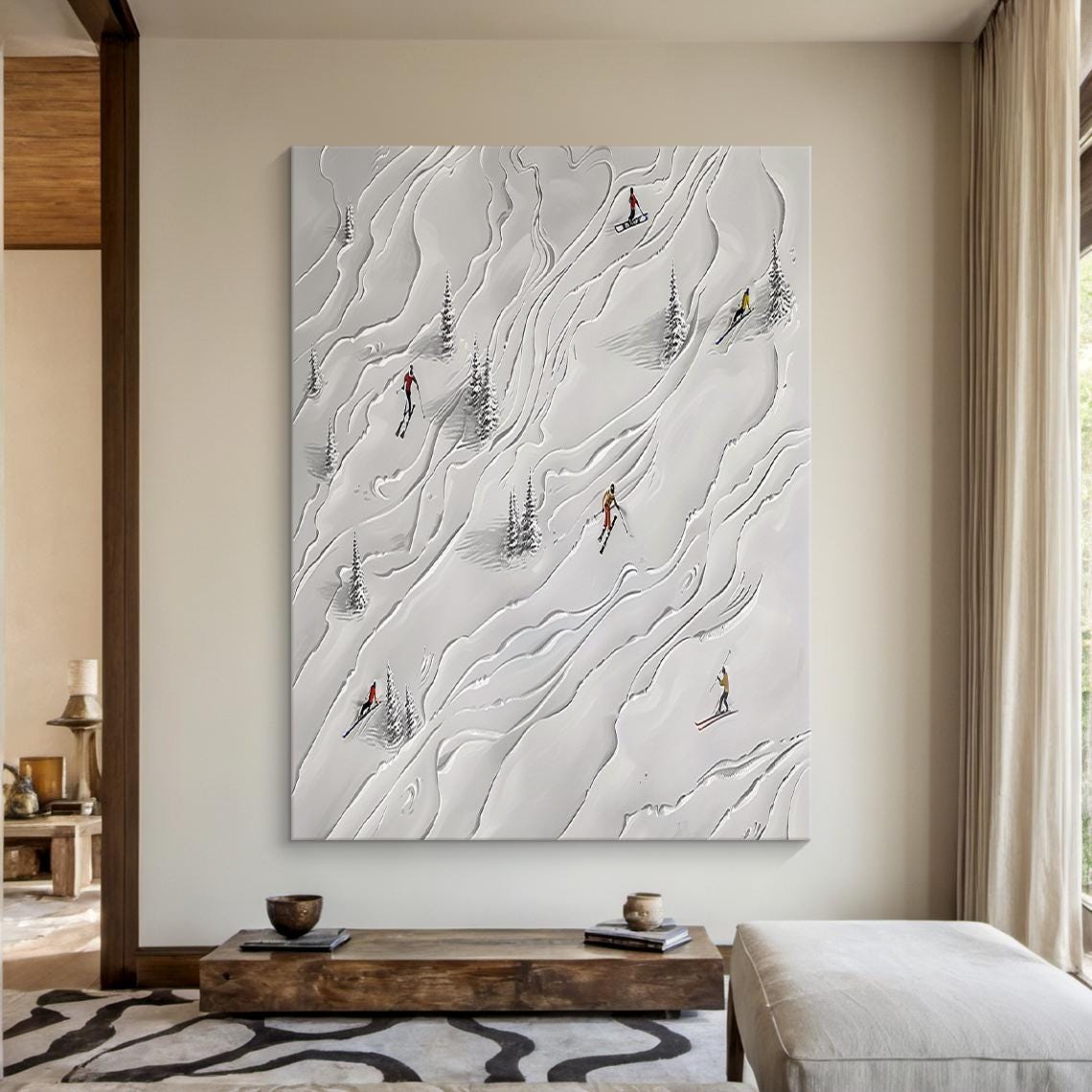 Light Grey Snow Slope Tiny Skiers Pine Trees Minimal Winter Wall Art - Image 2