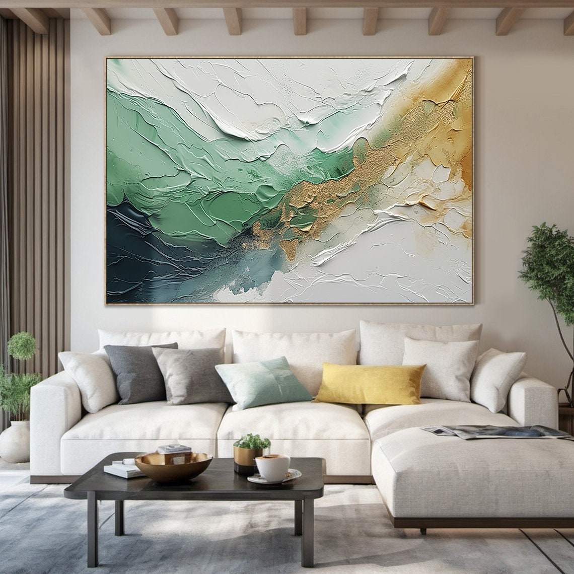 Emerald Green White Gold Wave Texture Abstract Ocean Painting Wall Art - Image 6