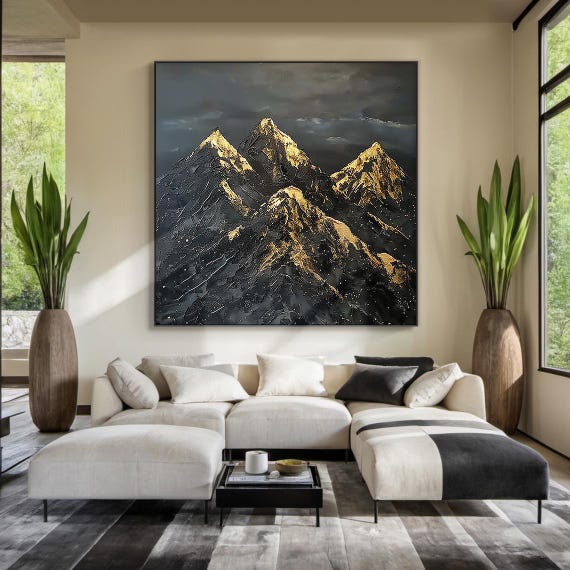 Large Black Abstract Mountains Oil Painting Gold Texture Mountains Sunrise Landscape Painting Modern Nature Living Room Wall Art