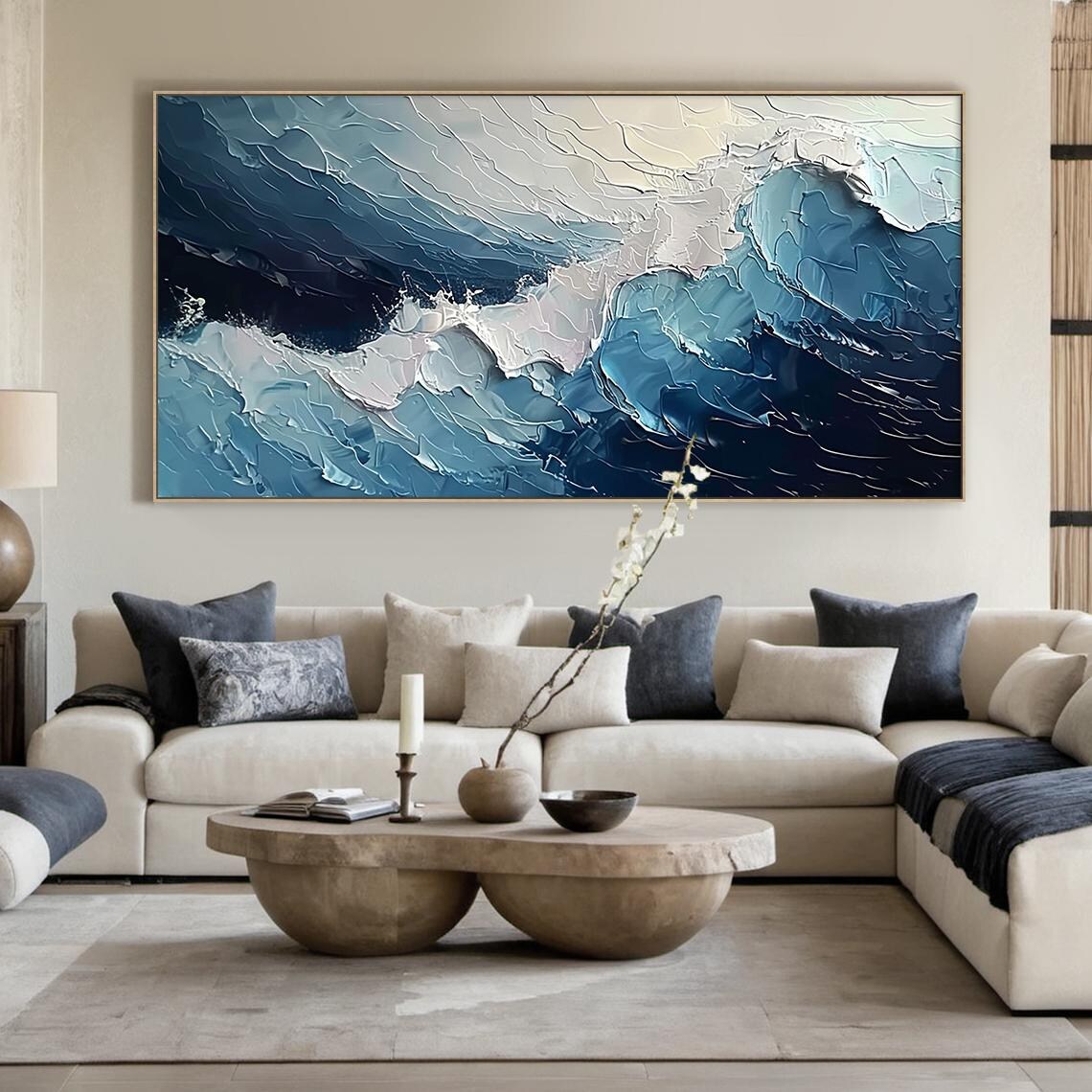 Dark Navy Storm Wave Crashing Impasto Moody Ocean Seascape Wall Art
