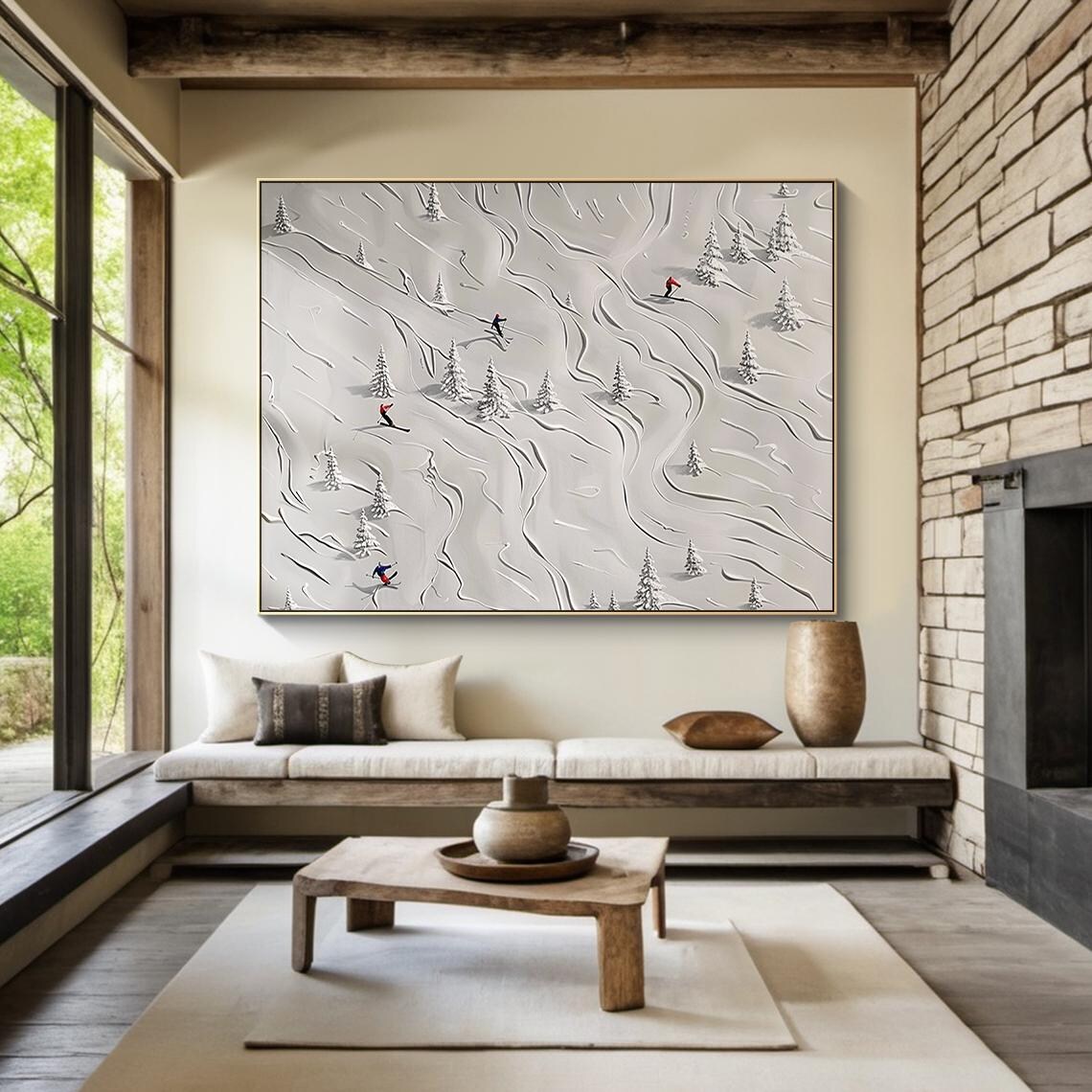White Ski Oil Painting, Abstract Ski Art Poster
