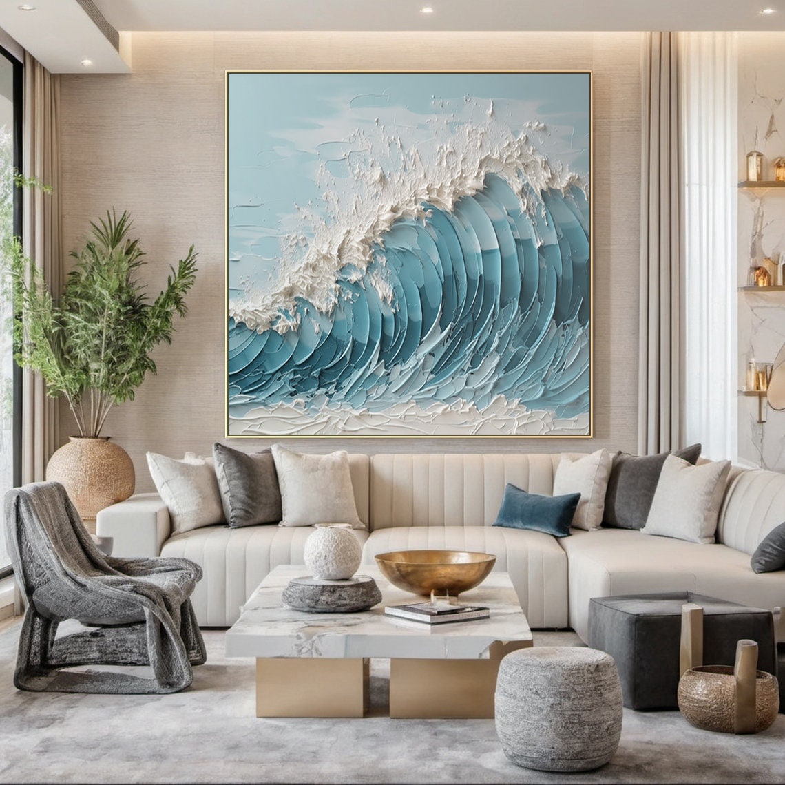 Turquoise Curling Wave White Foam 3D Texture Ocean Painting Wall Art - Image 2