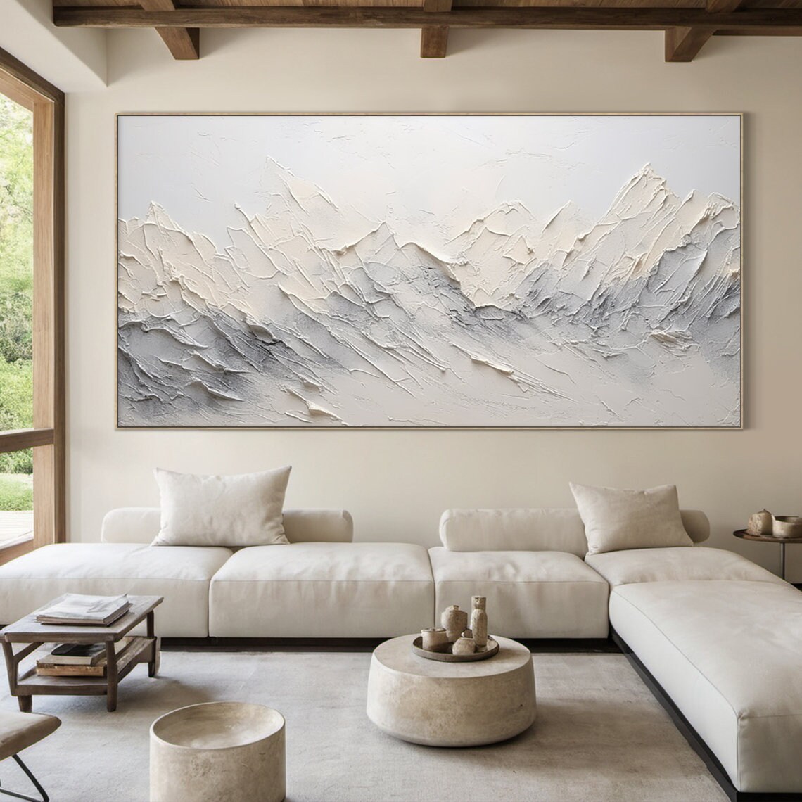 White Grey Mountain Peaks Impasto Painting Abstract Alpine Wall Art - Image 6