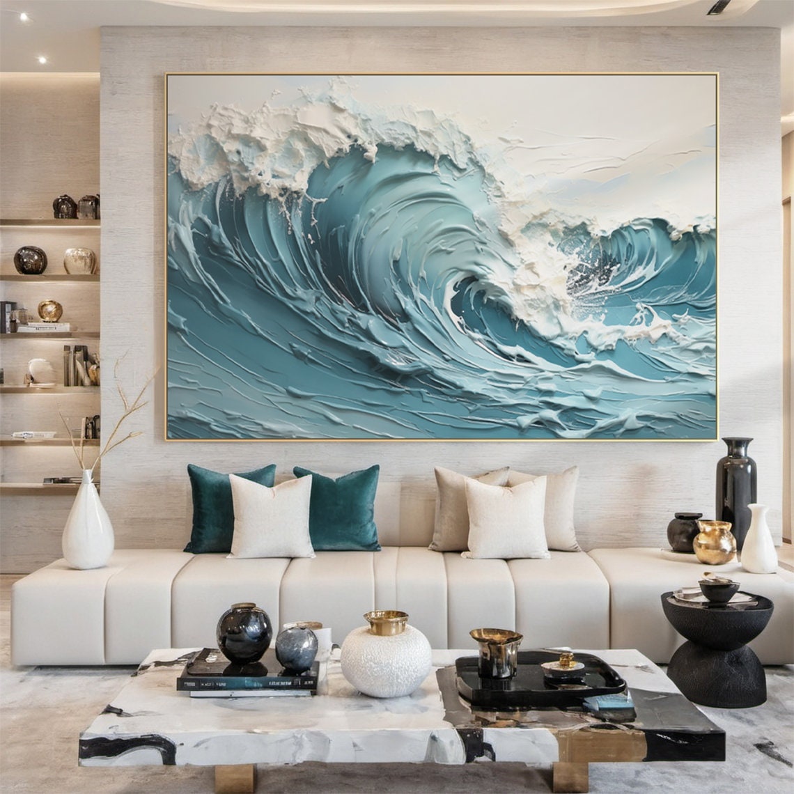 Turquoise Ocean Wave Curling White Foam Oil Painting Textured Poster - Image 2