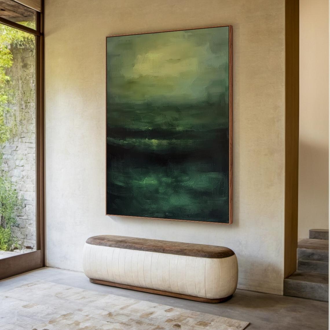 Misty Green Abstract Landscape Painting Atmospheric Modern Wall Art