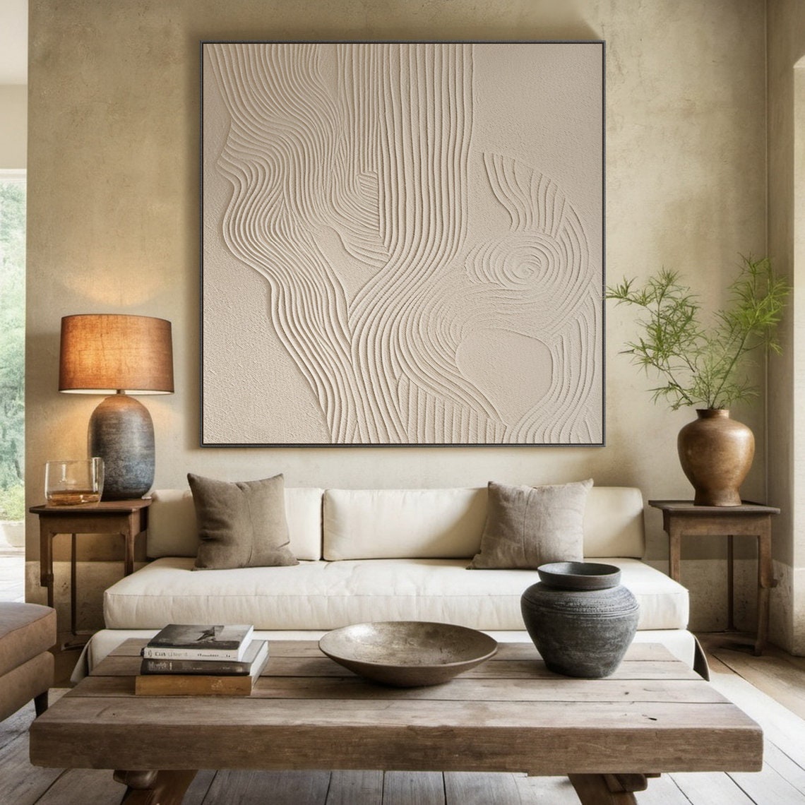 Cream Textured Abstract Wavy Lines Minimalist Plaster Art Poster - Image 4