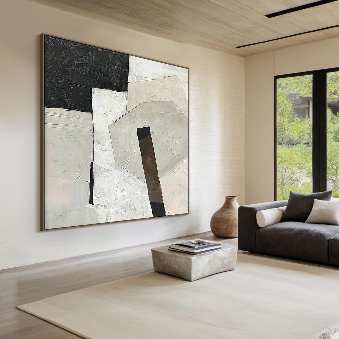 White Beige Black Abstract Blocks Wabi Sabi Minimal Modern Wall Art - Image 2