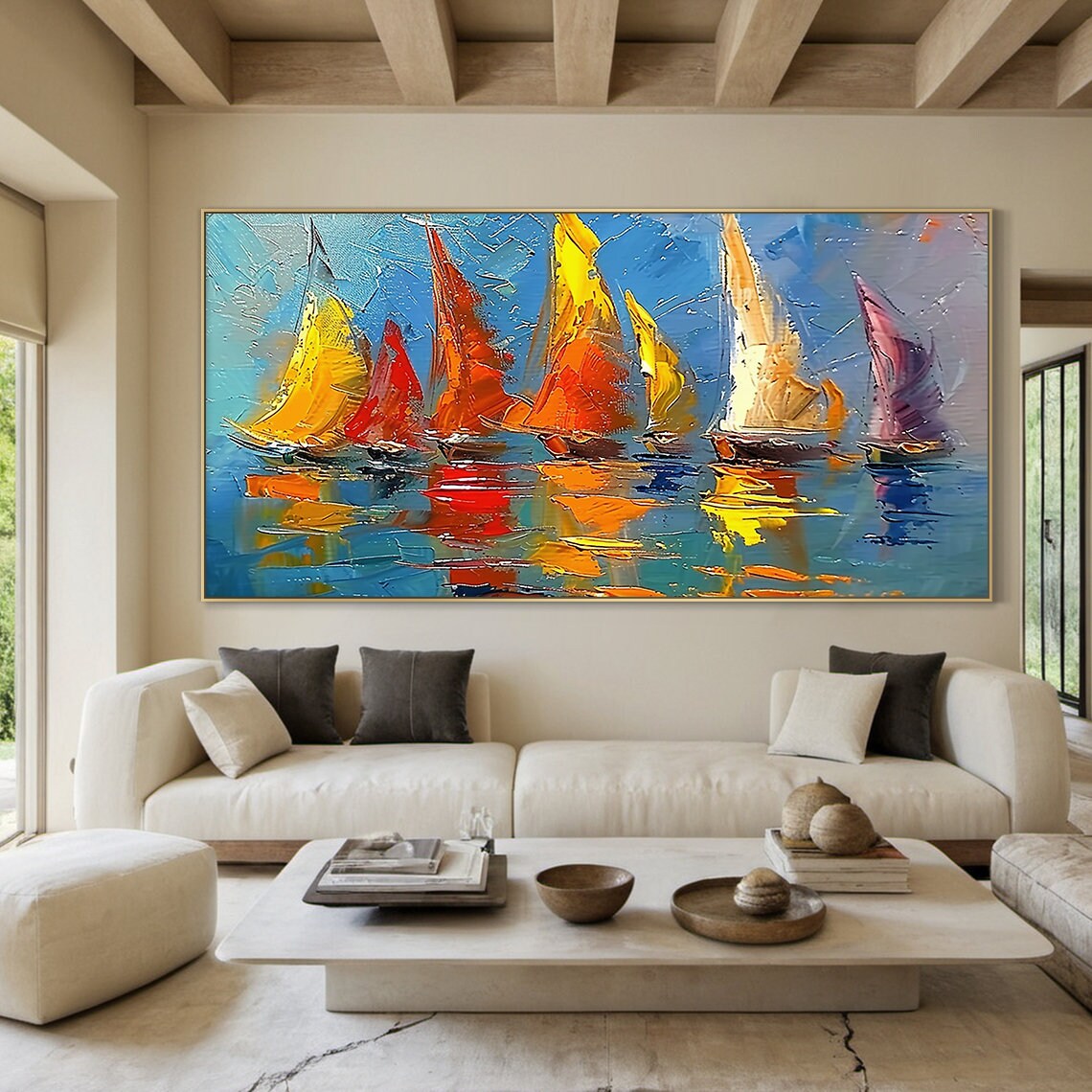 Colorful Sailboats On Blue Water Impasto Regatta Seascape Poster - Image 4