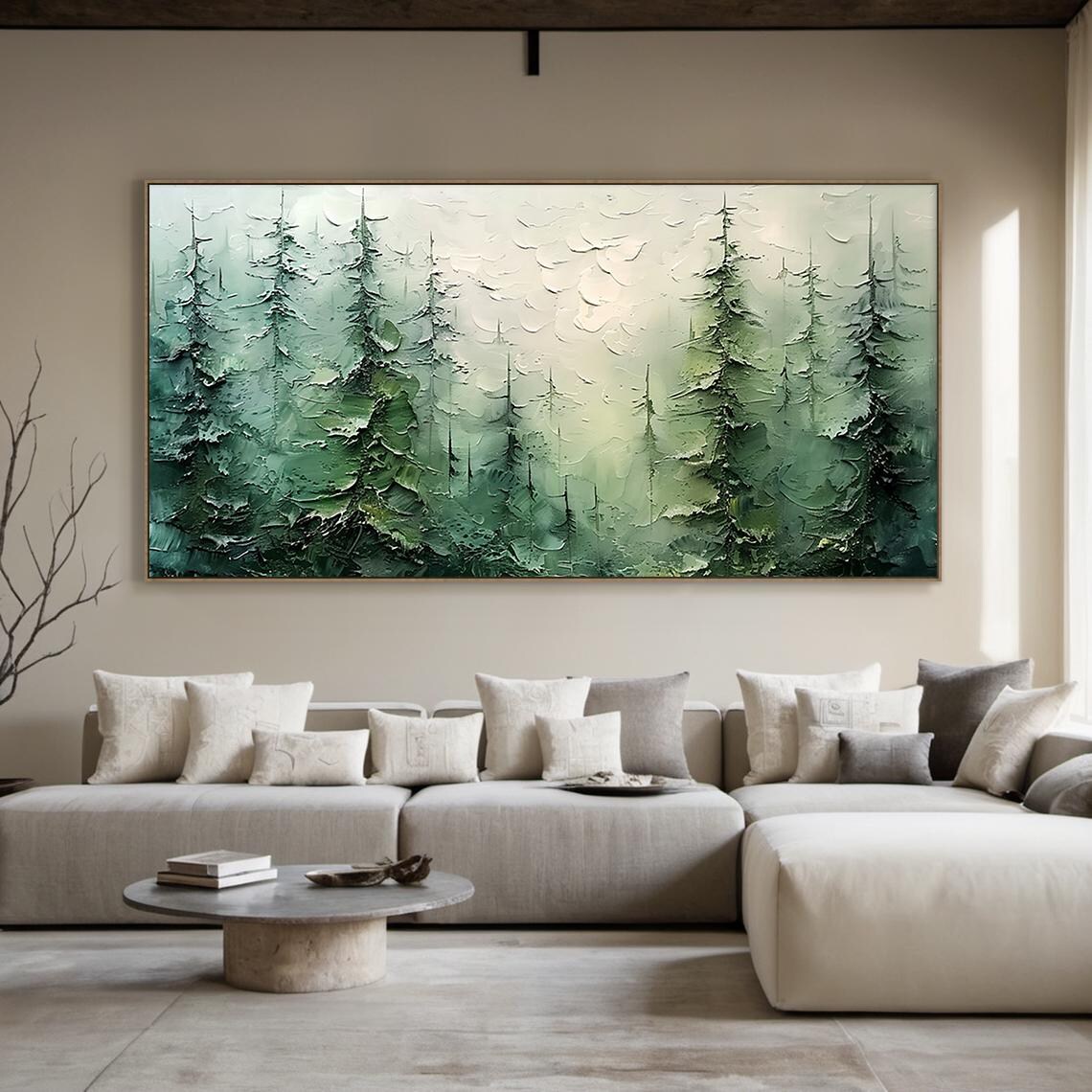Misty Green Pine Forest Impasto Textured Serene Woodland Art Poster