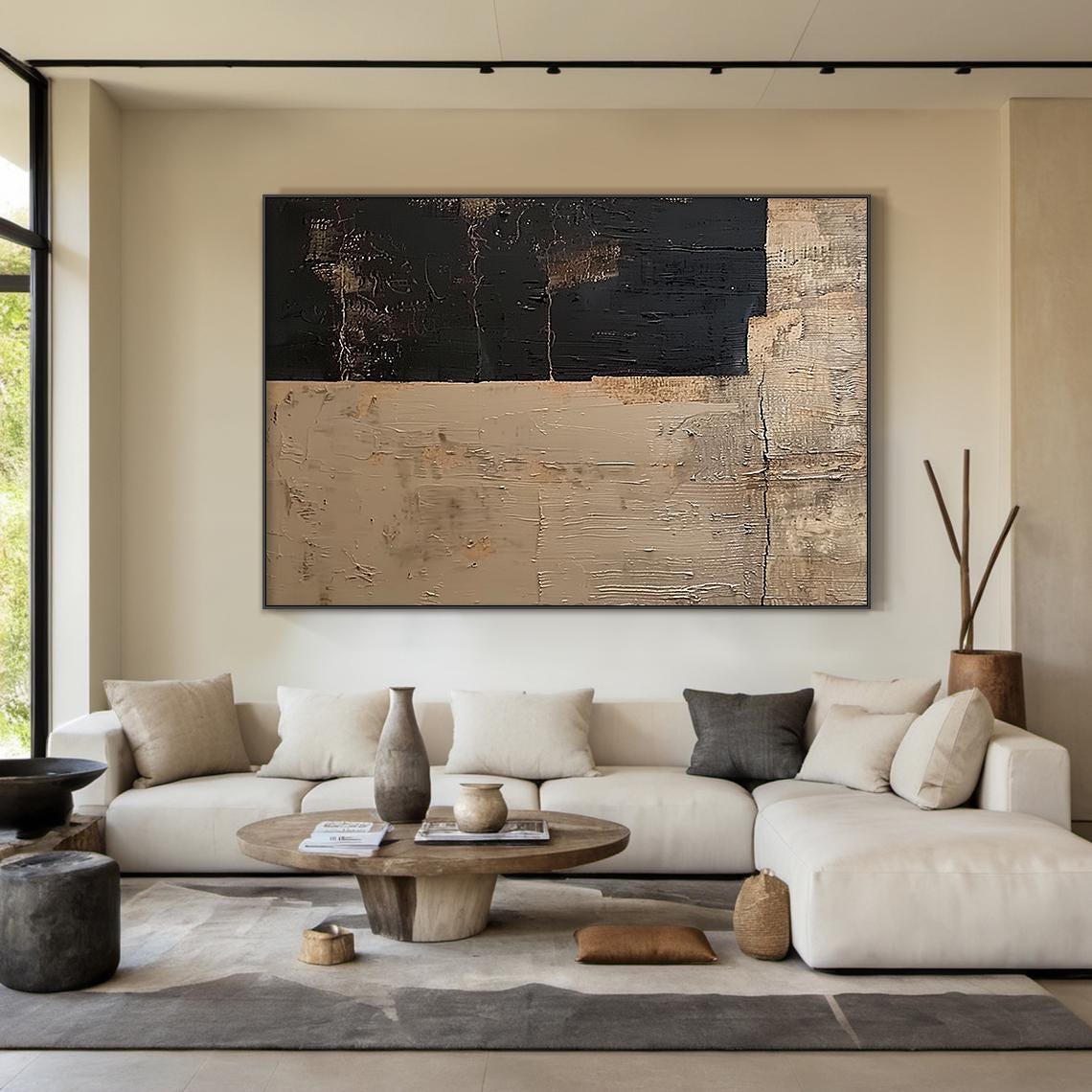 Beige Black Split Panel Wabi Sabi Abstract Texture Oil Painting Poster - Image 2