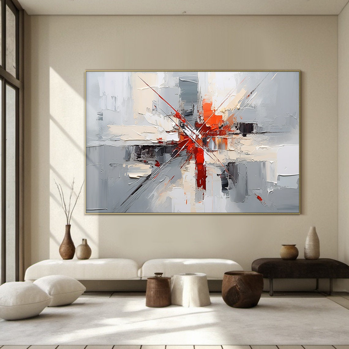 Grey White Red Abstract Burst Oil Painting Square Modern Wall Poster - Image 5