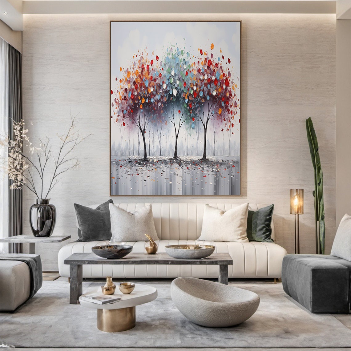 Colorful Palette Knife Flower Trees Red Blue Abstract Art Poster - Image 3