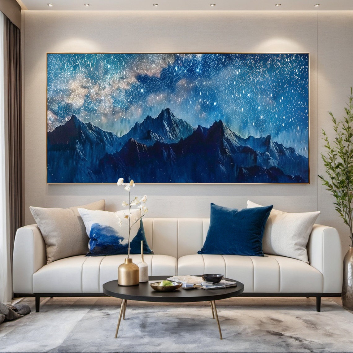 Mountain Starry Sky Painting Large Blue Night Scene Oil Painting Blue Wall Decoration Art Modern Natural Living Room Decoration - Image 4