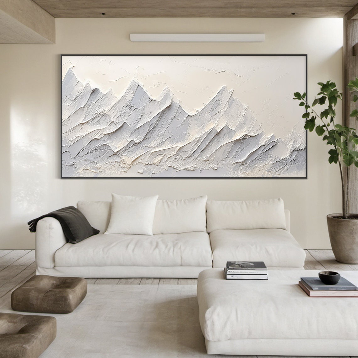 Large Grey And White Abstract Mountains Oil Painting 3d Textured Mountain Landscape Painting Modern Nature Living Room Wall Art - Image 2