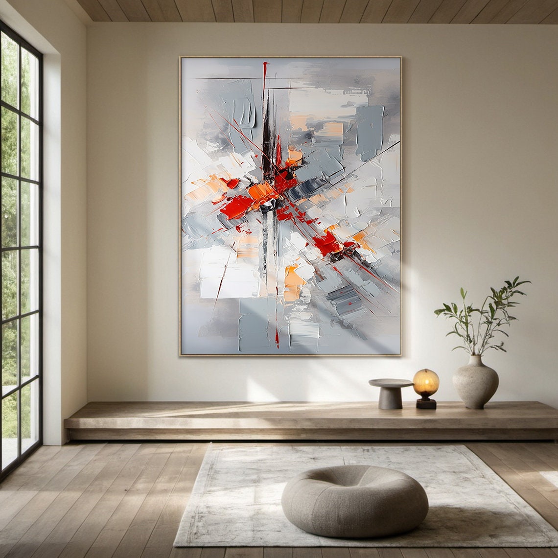 Grey White Red Abstract Burst Horizontal Panoramic Oil Painting Poster - Image 6